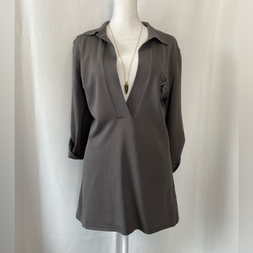 Women's Grey Plunge V-Neck Adjustable Sleeve Soft Knit Tunic Sweater 10 Minimal